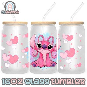 May include: Three 16 oz glass tumblers with pink and white hearts and a pink Stitch character design. Each tumbler has a bamboo lid and a clear plastic straw.