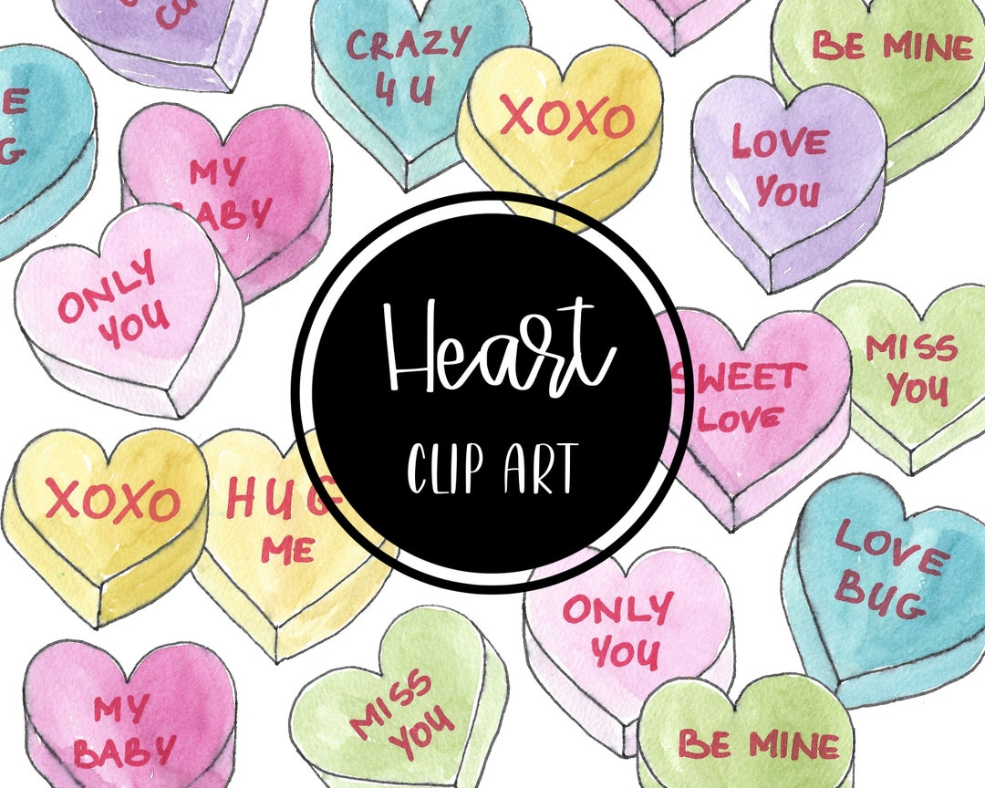 Candy Heart Clip Art Watercolor Handpainted Digital Clipart Valentine's