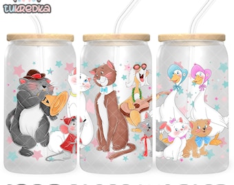 Archivo PNG de taza de gatito de Los Aristogatos, descarga digital, diseño de vaso de vidrio de 16 oz, envoltura de taza Libby de 16 oz