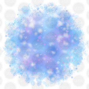 May include: A blue watercolour background with white stars and hearts. The background is a soft, light blue with a gradient of purple and pink.