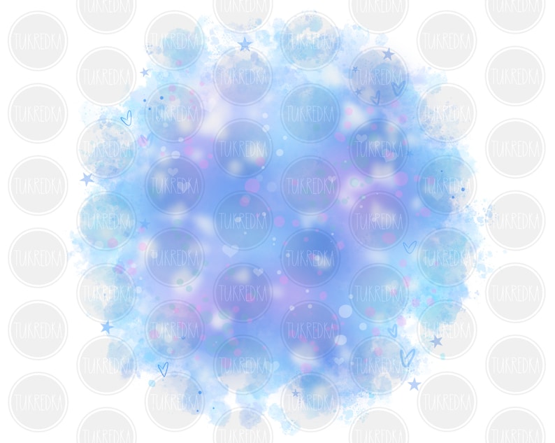 May include: A blue watercolour background with white stars and hearts. The background is a soft, light blue with a gradient of purple and pink.