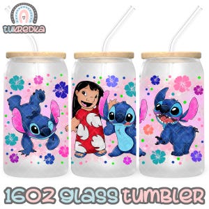 Fichier PNG de tasse Stitch et Lilo TÉLÉCHARGEMENT NUMÉRIQUE Conception de gobelet en verre de 16 oz, enveloppe de tasse Libby de 16 oz