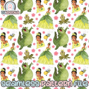 Motif sans couture « Tiana la princesse et la grenouille » : fond numérique à télécharger au format JPG