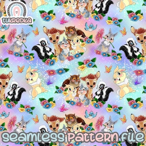 May include: A seamless pattern featuring cartoon characters from Disney's Bambi, including Bambi, Thumper, and Flower. The characters are surrounded by colorful flowers and butterflies on a pastel blue and pink background.