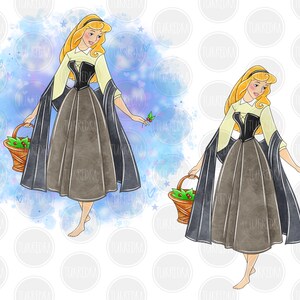 May include: Two watercolour illustrations of a princess in a blue and white dress holding a basket of holly berries. The princess is wearing a black cape and has blonde hair. The background is a watercolour wash of blue and white.