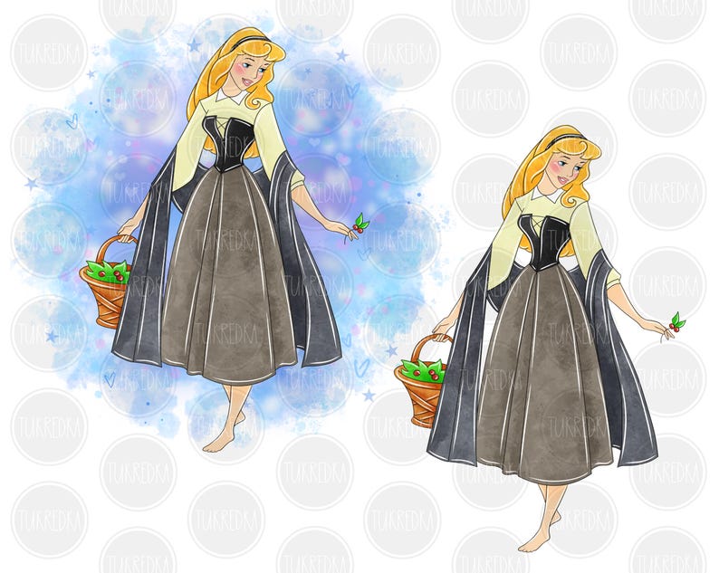May include: Two watercolour illustrations of a princess in a blue and white dress holding a basket of holly berries. The princess is wearing a black cape and has blonde hair. The background is a watercolour wash of blue and white.