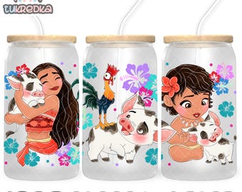 Princess Moana Heihei Cup PNG File DIGITAL DOWNLOAD 16oz Glass Tumbler Design, 16oz Libby Cup Wrap