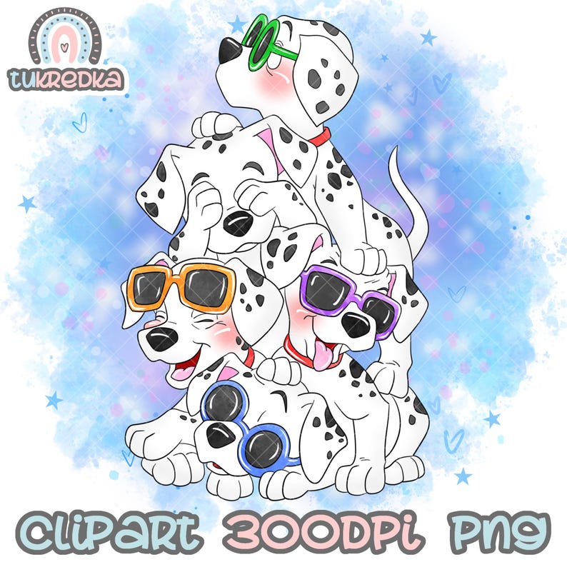 May include: Four Dalmatian puppies wearing sunglasses are stacked on top of each other. The top puppy is wearing green sunglasses, the next puppy is wearing orange sunglasses, the next puppy is wearing purple sunglasses, and the bottom puppy is wearing blue sunglasses. The puppies are on a blue and white watercolour background with stars and hearts.