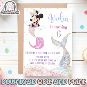 Birthday Invitation Editable Minnie Mermaid, Birthday Rainbow Party, Mickey Mouse and Friends Kids Carte Invite Instant Download M003