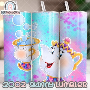 May include: A 20oz skinny tumbler featuring a cartoon design of a teapot and teacup with a blue, pink, and purple background. The tumbler has a straw and the text "20oz Skinny Tumbler" at the bottom.