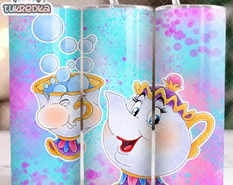 Princess Mrs Teapots Chip Beauty And The Beast 20oz Skinny Tumbler Wrap, Straight Tumbler Design Sublimation Download PNG Cup Wrap
