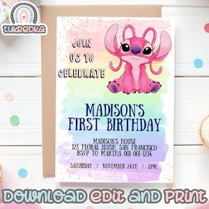 Birthday Invitation Editable Stitch Angel, Birthday Rainbow Party, Kids Carte Invite Instant Download STI01