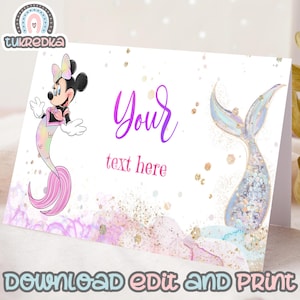 Birthday Editable Food Tags Buffet Label Tent Minnie Mermaid, Mickey Mouse and Friends Birthday Party Kids Carte Instant Download M003