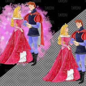 May include: A digital illustration of a prince and princess in a romantic pose. The princess is wearing a pink gown with a white petticoat and the prince is wearing a blue and red suit with a cape. The background is a pink and white watercolor effect.