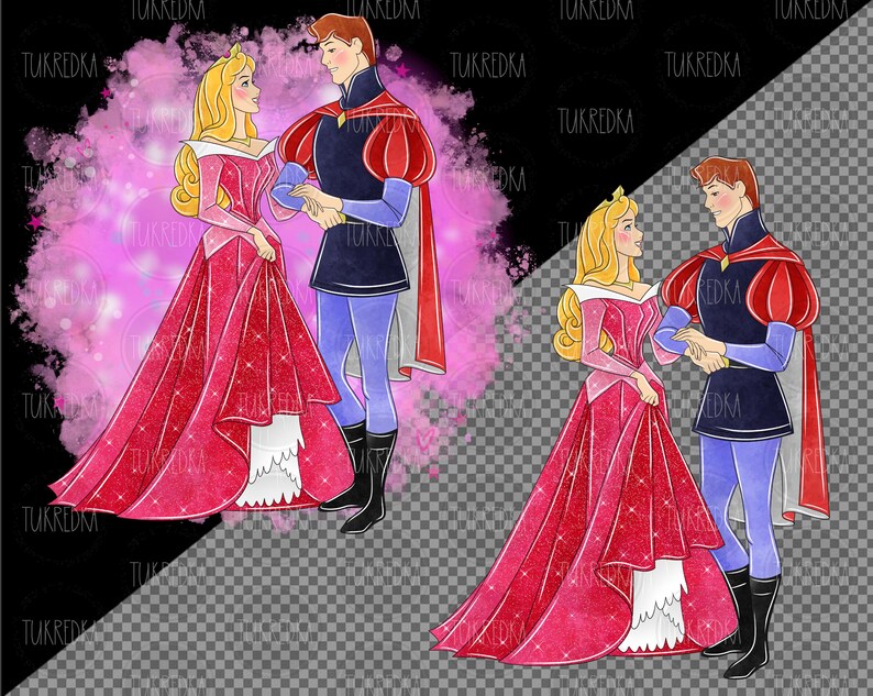 May include: A digital illustration of a prince and princess in a romantic pose. The princess is wearing a pink gown with a white petticoat and the prince is wearing a blue and red suit with a cape. The background is a pink and white watercolor effect.