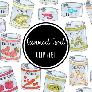 Alimentos enlatados Pintados à mão Clip art digital Clipart Legumes Mercearia Cartões de cozinha Baixar grátis uso comercial PNG