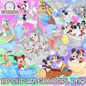 以下が含まれることがあります： 幻想的な設定の中で、さまざまなディズニーキャラクターをフィーチャーした10枚のデジタルクリップアート画像のセット。キャラクターには、ミッキーマウス、ミニーマウス、ドナルドダック、グーフィーなどが含まれます。画像はカートゥーンスタイルで、クラフトプロジェクト、スクラップブッキングなどに最適です。