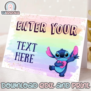 Birthday Editable Food Tags Buffet Label Tent Stitch Angel, Birthday Party Kids Carte Instant Download STI01