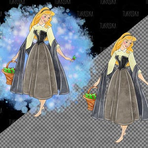 May include: A watercolour illustration of a princess in a blue and brown dress holding a basket of holly berries. She is standing in a woodland setting with a blue and white background.