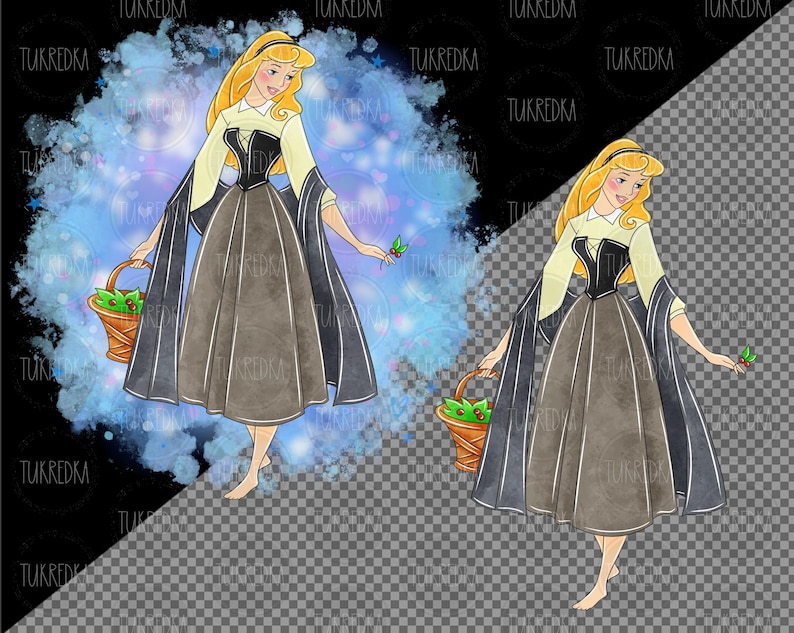 May include: A watercolour illustration of a princess in a blue and brown dress holding a basket of holly berries. She is standing in a woodland setting with a blue and white background.