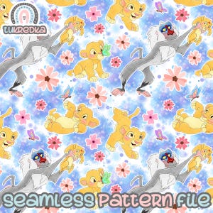 May include: A seamless pattern featuring a blue background with white speckles. The pattern includes images of lions, a baboon, butterflies, and pink flowers. The text "seamless pattern file" is at the bottom of the image.