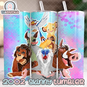 Vaso delgado de 20 oz con el diseño de Simba, Pumba y Timón del Rey León, diseño de vaso recto, descarga de sublimación PNG, vaso sin costuras