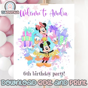 Birthday Welcome Sign Editable Minnie Unicorn Mickey Mouse and Friends Birthday Rainbow Party, Kids Carte Instant Download M002