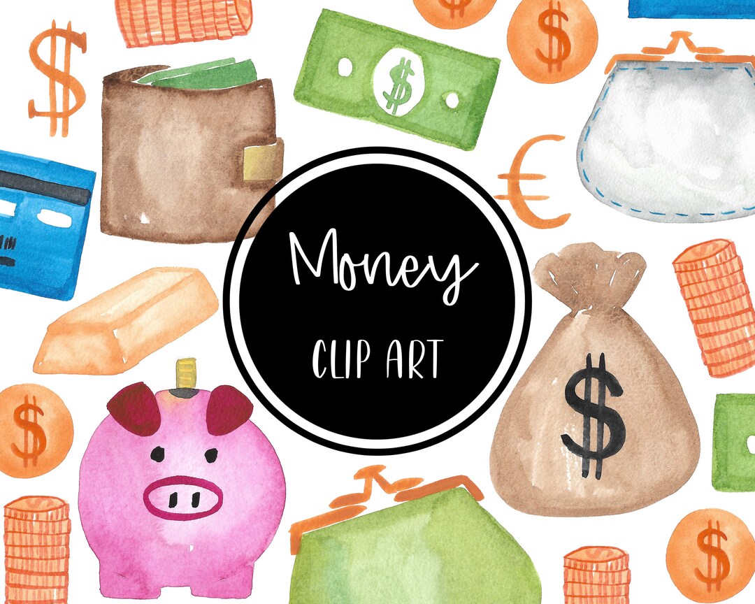 Money Clip Art Watercolor Handpainted Digital Clipart Euro Dollar