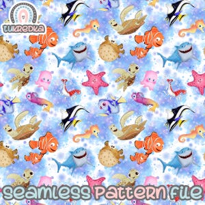May include: Seamless pattern featuring cartoon sea creatures like clownfish, sharks, turtles, and starfish on a light blue background. The pattern includes the text "seamless Pattern file".
