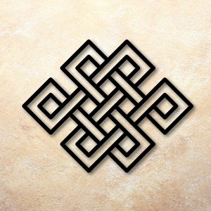 May include: A black and white endless knot symbol, also known as a Tibetan knot, on a beige background.