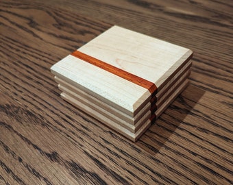 Handmade Maple and Padauk Wood Coaster Set: Cork Backed