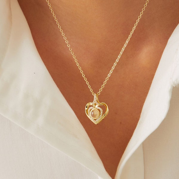 Projection Photo Heart Necklace in Gold / Silver / Rose Gold, Personalized Photo Sterling Silver Custom Family Couples Pet Photo Necklace