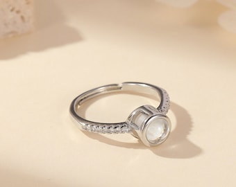 Projection Photo Ring with Diamonds , Adjustable Personalized Photo Chain Dainty Sterling Silver Custom Family Pet Photo Ring