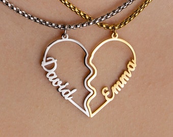 Heart Couples Name Necklace Personalized Boyfriend Girlfriend Nameplate Pendant Necklace in Gold Silver Rose Gold Customized Gift