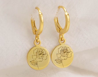 Personalized Birth Flower Earrings, Huggie Hoop Coin Dainty Minimalist Custom Birthflower Engraving Huggies Earrings Korean Kpop Earrings