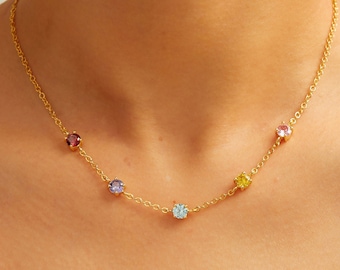 Round Birthstone Necklace, Personalized Gemstone Family Diamond Charm Chain Necklace For Grandma Mom Jewelry Gift Mothers Bridesmaid Gifts