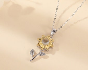 Sunflower Projection Photo Necklace in Gold / Silver / Rose Gold, Personalized Photo Necklace Sterling Silver Custom Family Couples Necklace
