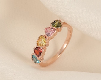 Heart Birthstone Ring, 2 3 4 Diamond Family Birthstone, Mother Grandma Ring Gift, Mothers Birth Month Ring Personalized Gift for Her
