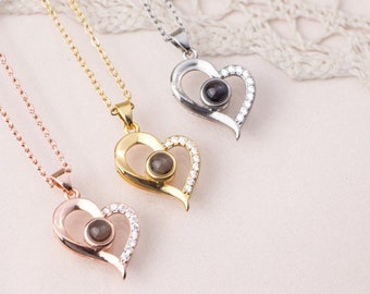 Collar con foto de proyección en oro / plata / oro rosa, collar con foto personalizada Plata de ley Parejas familiares personalizadas Collar con foto de mascotas