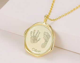 Actual Hand Print Footprint Print Necklace, Personalized Baby Handprint Necklace, Custom Jewelry Gifts for Mom Grandma, Baby Shower Necklace