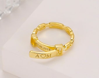 Personalized Gold Ring With Secret Message Engraving, Custom Name Initials Date Coordinates Engraved Engagement Promise Couples Anxiety Ring