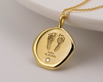 Actual Baby Footprint Necklace Stamp in Gold / Silver / Rose Gold, Birthstone Locket Coin Handprint Kids Name Engraved Birthday Day Necklace
