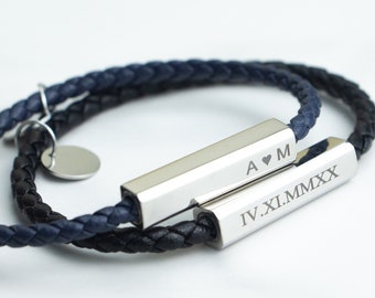 Custom Engraved Leather Bracelet, Personalized Double Names Initial Letters Roman Numeral Love Friendship Matching Woven Couples Bracelet