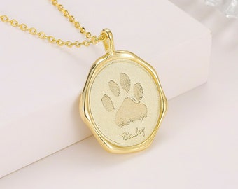 Actual Paw Print Necklace, Custom Dog Cat Footprint Name Date Engraved Memorial Pendant Necklace, Personalized Pet Memory Jewelry Gift