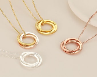 Interlocking Circle Necklace, Personalized Engraving Name Date Coordinates Roman Numeral Custom Engraved Family Jewelry Gift for Her Couples