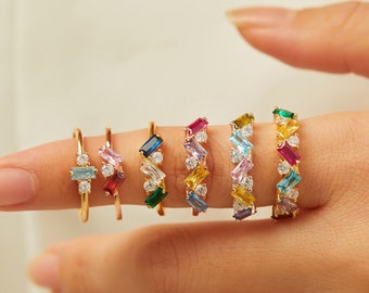 Dainty Baguette Birthstone Ring, Family Birthstone, Mother Grandma Ring Gift, Gold Silver Mothers Birth Month Ring Personalized Gift for Her