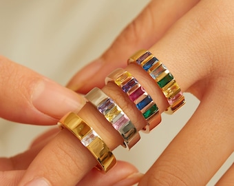 Breites Band Baguette Birthstone Ring, Familie Birthstone, Mutter Oma Ring Geschenk, Gold Silber Mütter Geburt Monat personalisiertes Geschenk für Sie