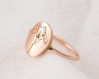 Personalized Birth Flower Ring in Gold / Silver / Rose Gold, Engraved Dainty Floral 925 Sterling Silver Birth Month Flower Rings