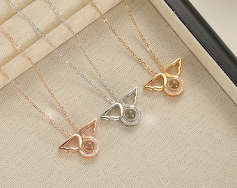Angel Wing Projection Photo Necklace in Gold / Silver / Rose Gold, Personalized Photo Necklace Sterling Silver Custom Girlfriend Choker