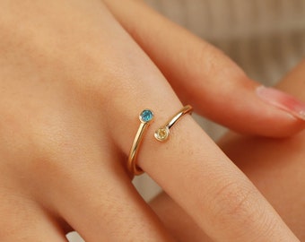 Dual Dainty Birthstone Ring, Minimalist Mother Grandma Ring Gift, Gold Silver Mother Birth Month Ring Personalized Gift for Her